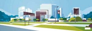 big_hospital_building_modern_medical_clinic_exterior_with_yard_information_board_trees_cityscape_background_flat_horizontal_banner_vector_illustration