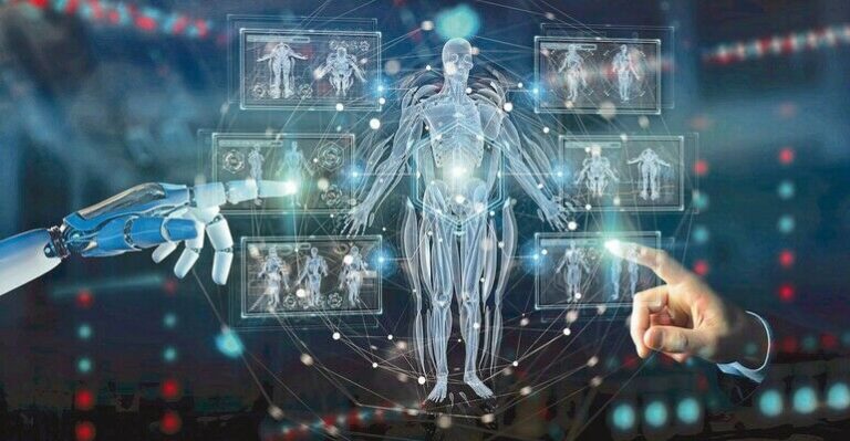 Robot_hand_on_blurred_background_using_digital_x-ray_human_body_holographic_scan_projection_3D_rendering