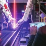 Smart_automation_industry_robot_in_action_welding_metall_while_engineer_uses_his_remote_control_table_pc-_industry_4.0_concept_-_3D_rendering