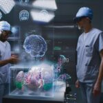 Diverse_male_surgeons_in_AR_headsets_work_in_operating_room_using_holographic_display._3D_graphics_of_virtual_human_skeleton,_organs_and_vital_signs._AI_technology_in_medicine._Futuristic_healthcare.