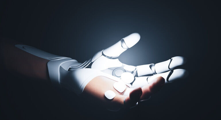 Robotic_bionic_hand_connected_with_human_hand._Modern_technology,_prosthesis_medicine._3D_illustration